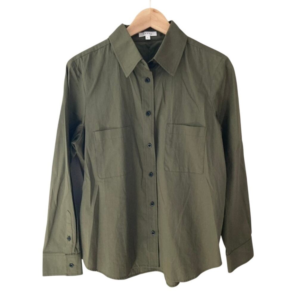 Vetta Organic Cotton Button Front Collared Shirt Olive Green Large